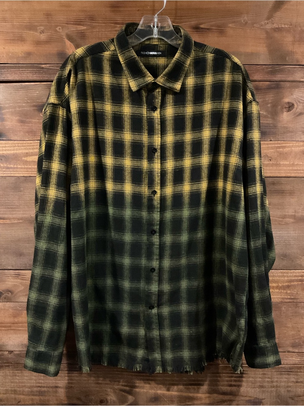 Fashion Nova Men's Yellow & Green Ombre Plaid Button-Up Shirt Fray Hem XLarge XL